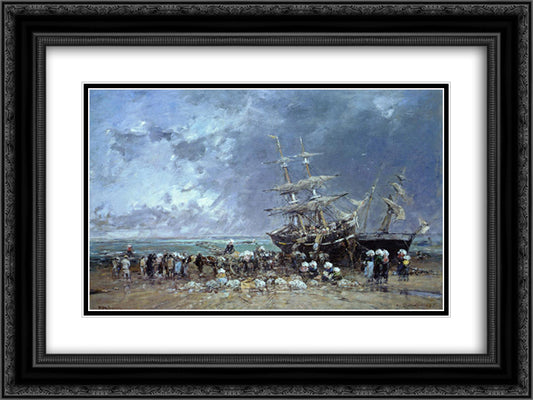 Unloading the Newfoundland Fishing Boat 24x18 Black Ornate Wood Framed Art Print Poster with Double Matting by Boudin, Eugene