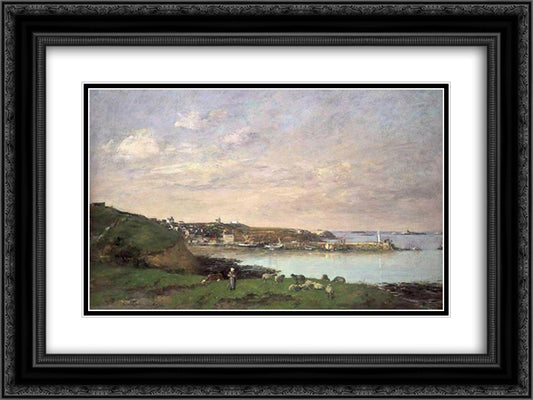 View at Saint-Quay-Portriaux 24x18 Black Ornate Wood Framed Art Print Poster with Double Matting by Boudin, Eugene
