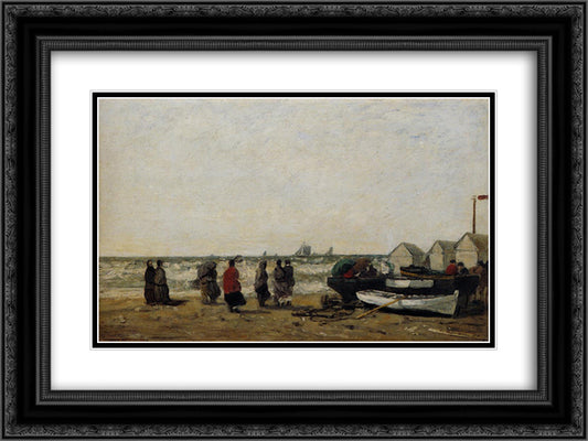 Women on the Beach, Rough Seas 24x18 Black Ornate Wood Framed Art Print Poster with Double Matting by Boudin, Eugene