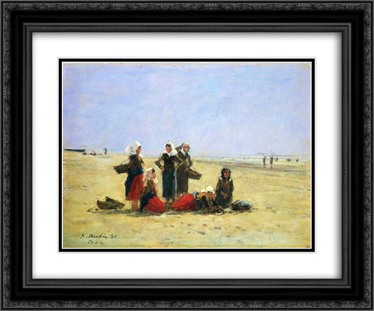 Women on the Beach at Berck 24x20 Black Ornate Wood Framed Art Print Poster with Double Matting by Boudin, Eugene