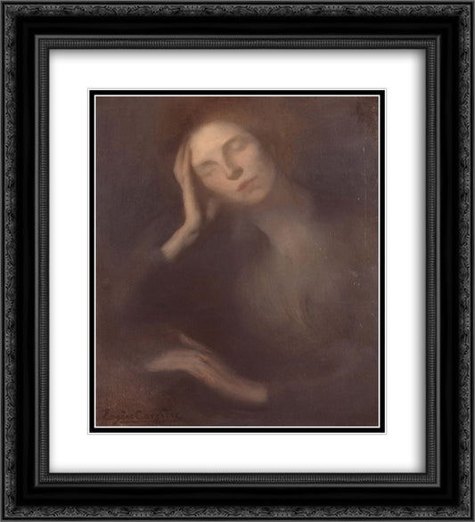 Woman Leaning on a Table 20x22 Black Ornate Wood Framed Art Print Poster with Double Matting by Carriere, Eugene