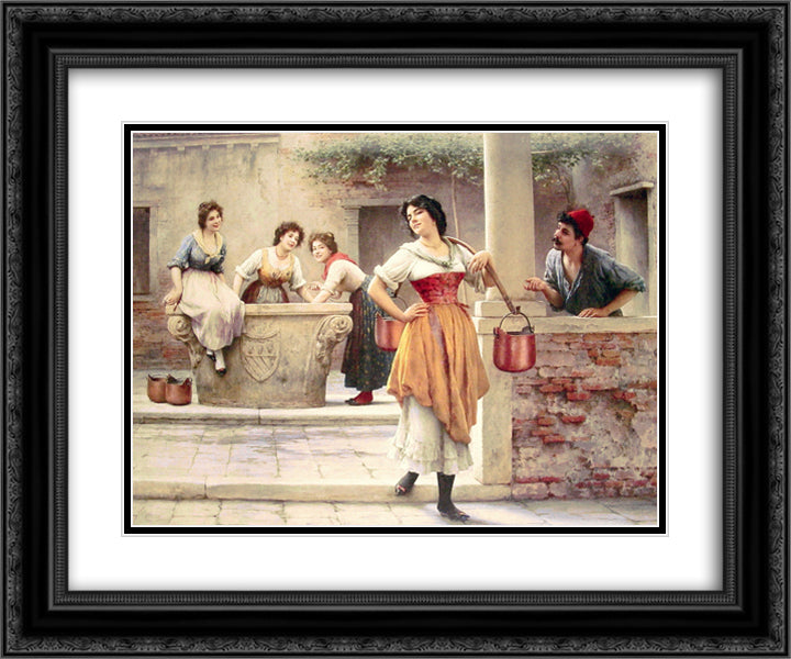 Flirtation at the Well 24x20 Black Ornate Wood Framed Art Print Poster with Double Matting by Blaas, Eugene de