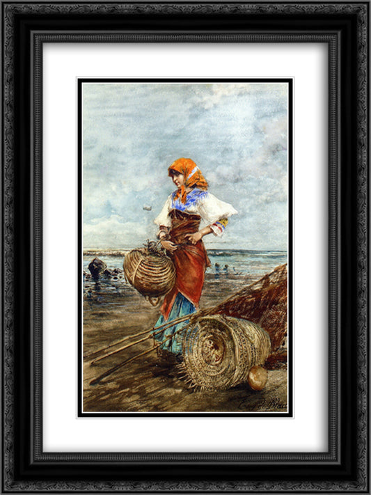 Gathering Cockles at the Seashore 18x24 Black Ornate Wood Framed Art Print Poster with Double Matting by Blaas, Eugene de