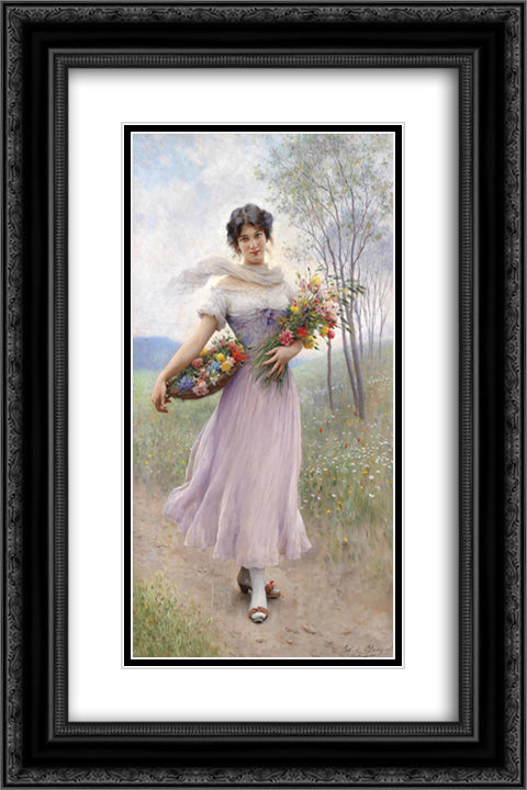 Girl in a Lilac-Coloured Dress with Bouquet of Flowers 16x24 Black Ornate Wood Framed Art Print Poster with Double Matting by Blaas, Eugene de