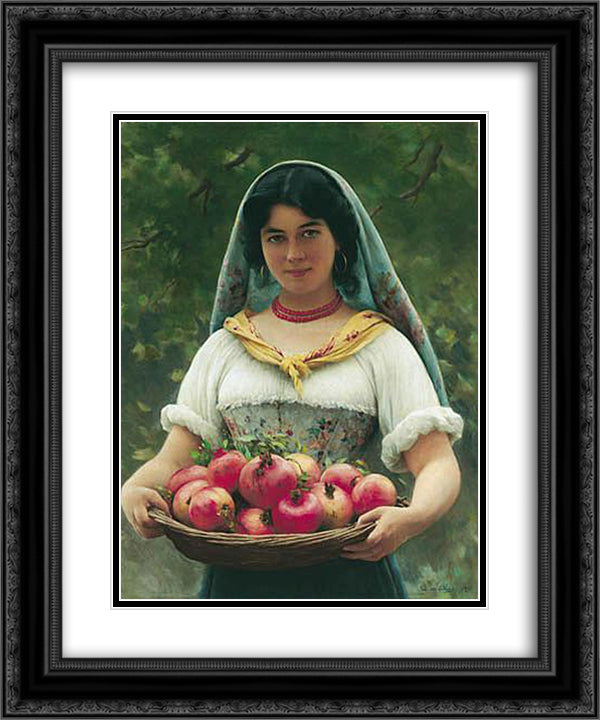 Girl with Pomegranates 20x24 Black Ornate Wood Framed Art Print Poster with Double Matting by Blaas, Eugene de