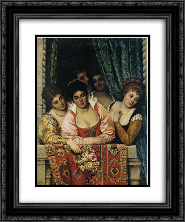 Ladies on a Balcony 20x24 Black Ornate Wood Framed Art Print Poster with Double Matting by Blaas, Eugene de