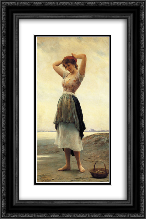 On the Beach 16x24 Black Ornate Wood Framed Art Print Poster with Double Matting by Blaas, Eugene de