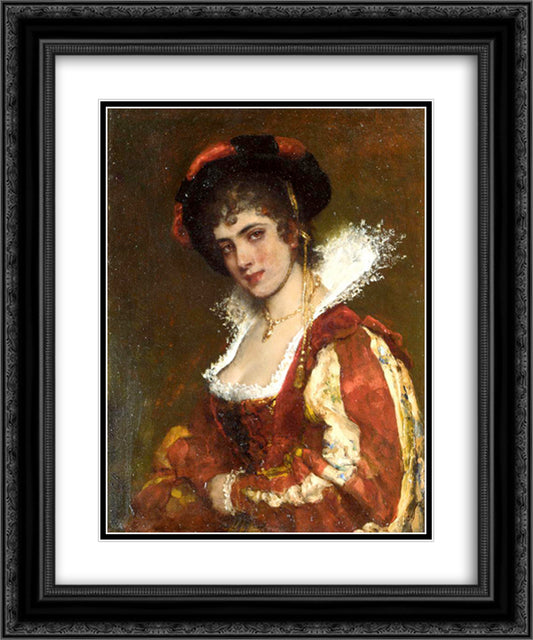 Portrait of a Venetian Lady 20x24 Black Ornate Wood Framed Art Print Poster with Double Matting by Blaas, Eugene de