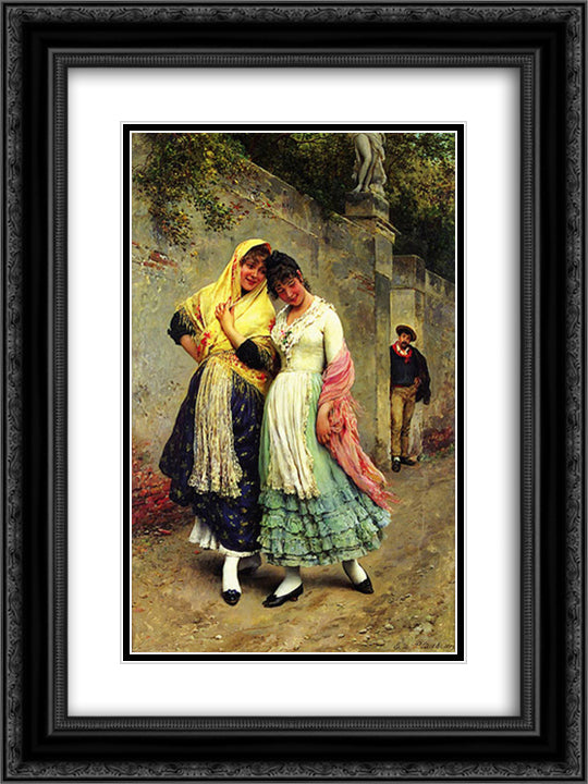 The Flirtation 18x24 Black Ornate Wood Framed Art Print Poster with Double Matting by Blaas, Eugene de