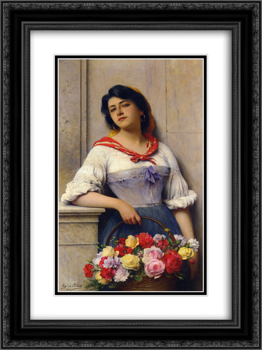 The Flower Girl 18x24 Black Ornate Wood Framed Art Print Poster with Double Matting by Blaas, Eugene de