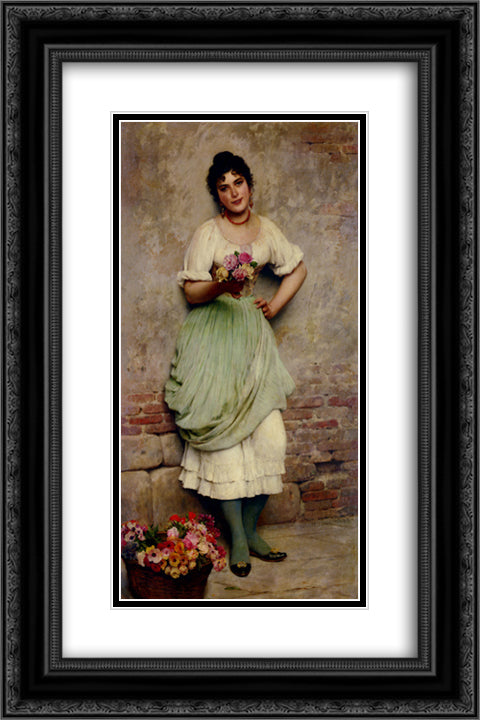 The Flower Seller 16x24 Black Ornate Wood Framed Art Print Poster with Double Matting by Blaas, Eugene de