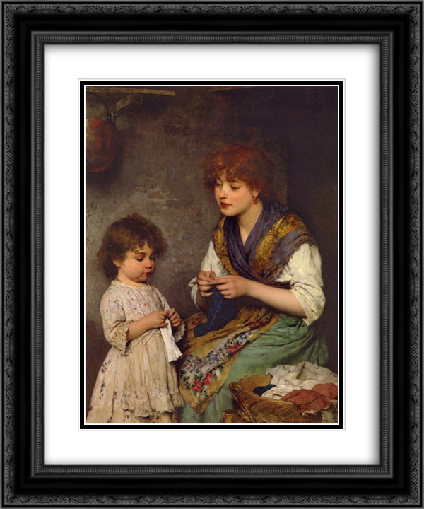 The Knitting Lesson 20x24 Black Ornate Wood Framed Art Print Poster with Double Matting by Blaas, Eugene de