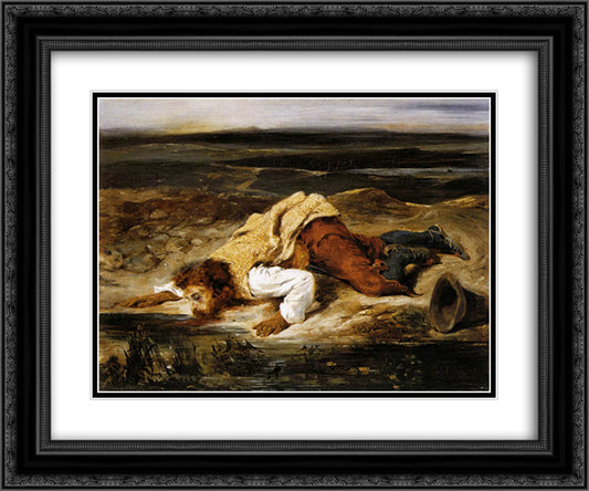 A Mortally Wounded Brigand Quenches his Thirst 24x20 Black Ornate Wood Framed Art Print Poster with Double Matting by Delacroix, Eugene