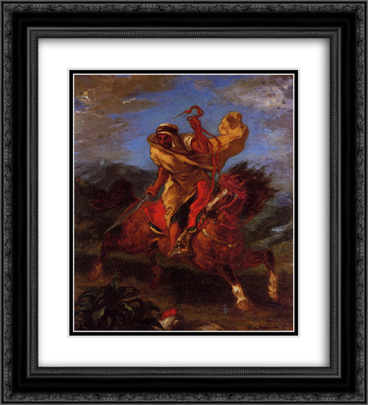 An Arab Horseman at the Gallop 20x22 Black Ornate Wood Framed Art Print Poster with Double Matting by Delacroix, Eugene