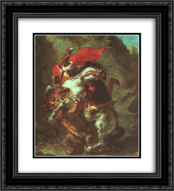 Arab Horseman Attacked by Lion 20x22 Black Ornate Wood Framed Art Print Poster with Double Matting by Delacroix, Eugene