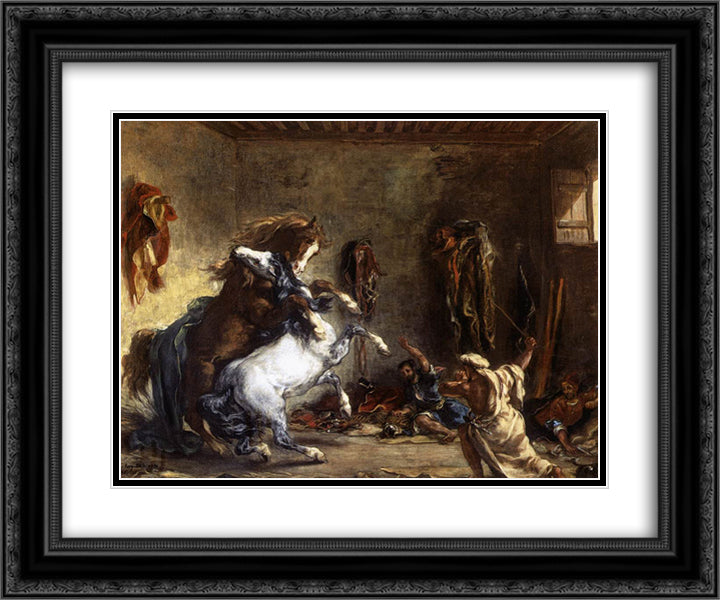 Arab Horses Fighting in a Stable 24x20 Black Ornate Wood Framed Art Print Poster with Double Matting by Delacroix, Eugene