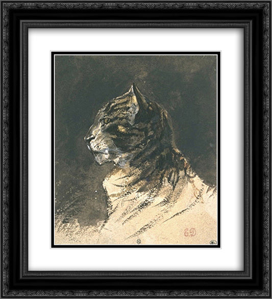 Cat head 20x22 Black Ornate Wood Framed Art Print Poster with Double Matting by Delacroix, Eugene