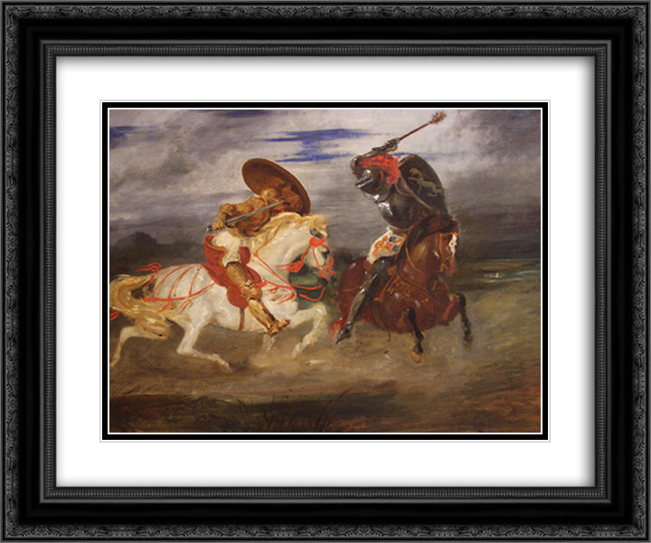 Confrontation of knights in the countryside 24x20 Black Ornate Wood Framed Art Print Poster with Double Matting by Delacroix, Eugene