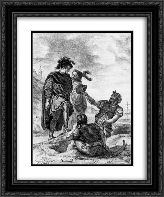 Hamlet and Horatio before the Grave Diggers 20x24 Black Ornate Wood Framed Art Print Poster with Double Matting by Delacroix, Eugene