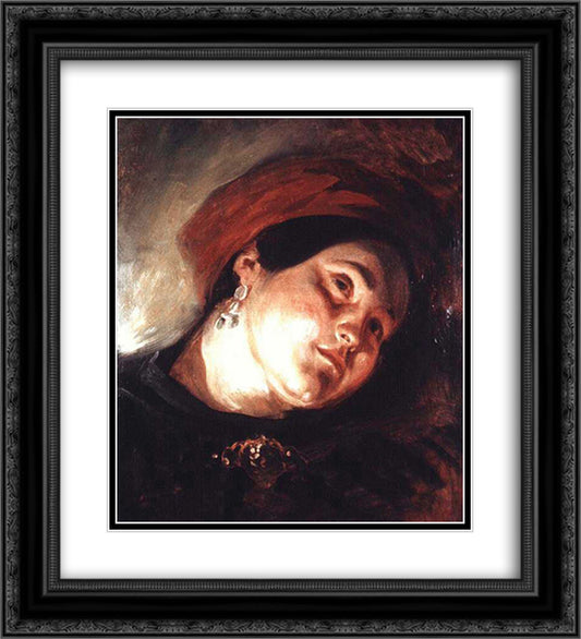 Head of a Woman in a Red Turban 20x22 Black Ornate Wood Framed Art Print Poster with Double Matting by Delacroix, Eugene