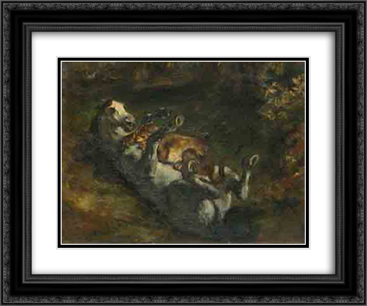 Horse Attacked by Lioness 24x20 Black Ornate Wood Framed Art Print Poster with Double Matting by Delacroix, Eugene