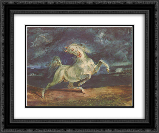 Horse Frightened by a Storm 24x20 Black Ornate Wood Framed Art Print Poster with Double Matting by Delacroix, Eugene