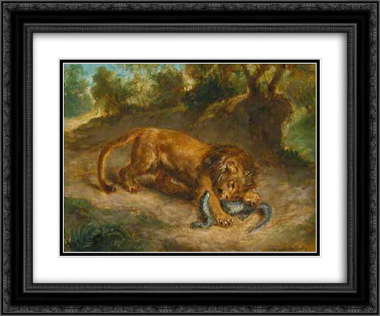 Lion and alligator 24x20 Black Ornate Wood Framed Art Print Poster with Double Matting by Delacroix, Eugene