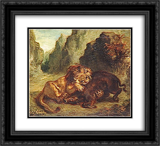 Lion and boar 22x20 Black Ornate Wood Framed Art Print Poster with Double Matting by Delacroix, Eugene