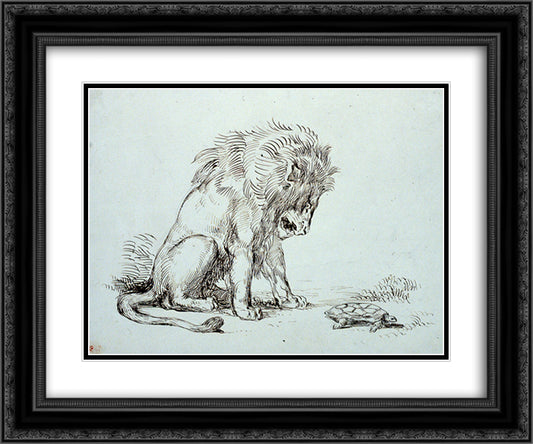 Lion and Tortoise 24x20 Black Ornate Wood Framed Art Print Poster with Double Matting by Delacroix, Eugene