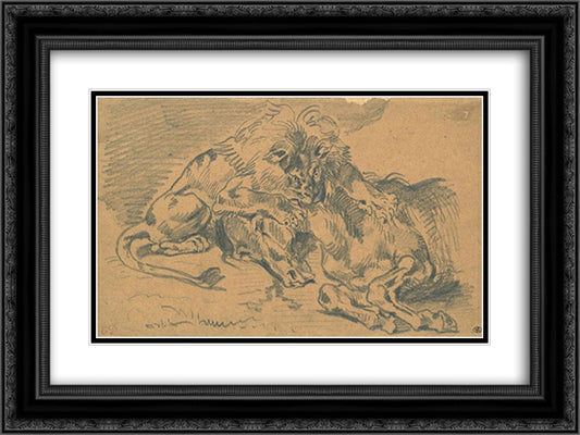 Lion Devouring a Horse 24x18 Black Ornate Wood Framed Art Print Poster with Double Matting by Delacroix, Eugene