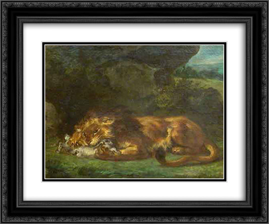 Lion Devouring a Rabbit 24x20 Black Ornate Wood Framed Art Print Poster with Double Matting by Delacroix, Eugene