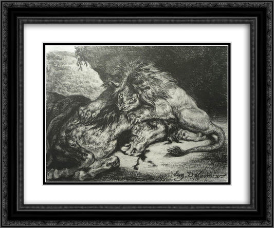 Lion devouring an Arab horse 24x20 Black Ornate Wood Framed Art Print Poster with Double Matting by Delacroix, Eugene