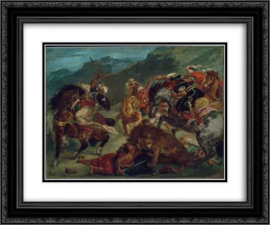 Lion Hunt 24x20 Black Ornate Wood Framed Art Print Poster with Double Matting by Delacroix, Eugene