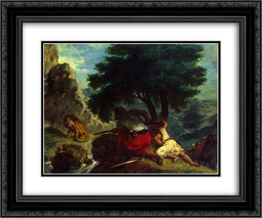 Lion Hunt in Morocco 24x20 Black Ornate Wood Framed Art Print Poster with Double Matting by Delacroix, Eugene