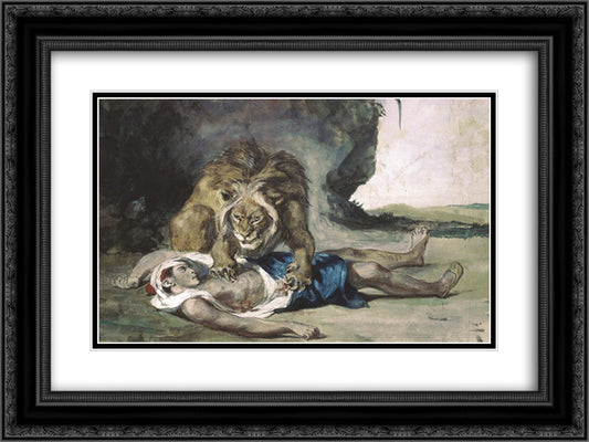 Lion Rending Apart a Corpse 24x18 Black Ornate Wood Framed Art Print Poster with Double Matting by Delacroix, Eugene