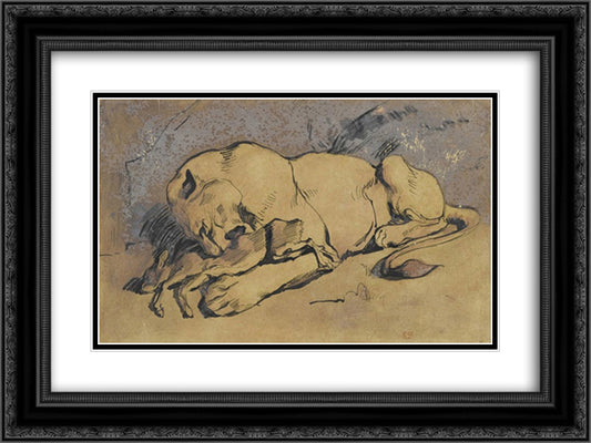 Lioness devouring a Rabbit 24x18 Black Ornate Wood Framed Art Print Poster with Double Matting by Delacroix, Eugene