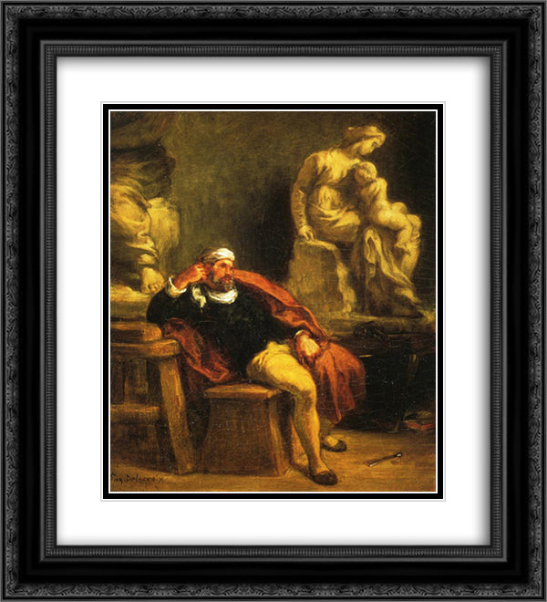 Michelangelo in his Studio 20x22 Black Ornate Wood Framed Art Print Poster with Double Matting by Delacroix, Eugene