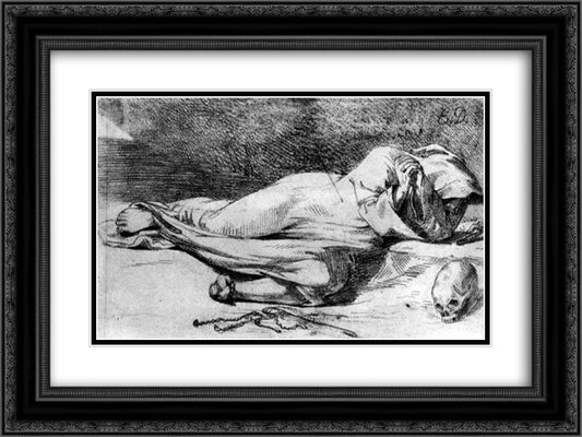 Monk at Prayer 24x18 Black Ornate Wood Framed Art Print Poster with Double Matting by Delacroix, Eugene