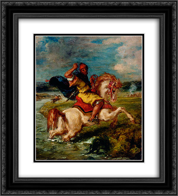 Moroccan Horseman Crossing a Ford 20x22 Black Ornate Wood Framed Art Print Poster with Double Matting by Delacroix, Eugene