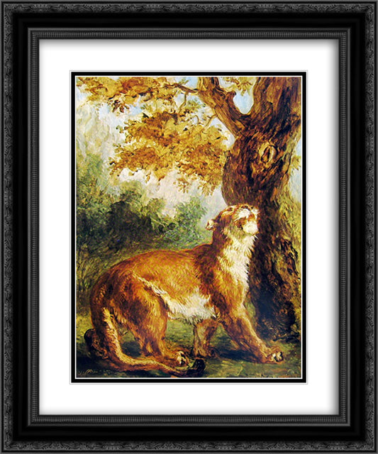 Puma (Lioness watching prey) 20x24 Black Ornate Wood Framed Art Print Poster with Double Matting by Delacroix, Eugene