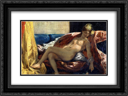 Reclining Odalisque or, Woman with a Parakeet 24x18 Black Ornate Wood Framed Art Print Poster with Double Matting by Delacroix, Eugene