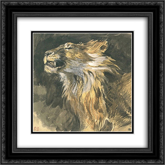 Roaring lion's head 20x20 Black Ornate Wood Framed Art Print Poster with Double Matting by Delacroix, Eugene