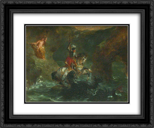 Saint George Fighting the Dragon, Perseus Delivering Andromeda 24x20 Black Ornate Wood Framed Art Print Poster with Double Matting by Delacroix, Eugene