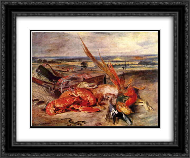 Still Life with Lobsters 24x20 Black Ornate Wood Framed Art Print Poster with Double Matting by Delacroix, Eugene