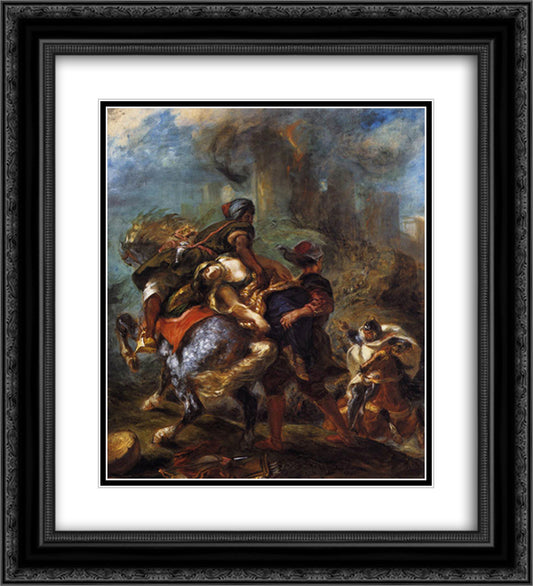 The Abduction of Rebecca 20x22 Black Ornate Wood Framed Art Print Poster with Double Matting by Delacroix, Eugene