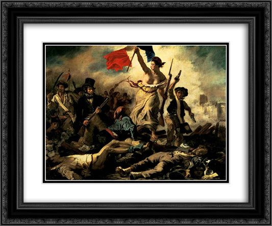 The Liberty Leading the People 24x20 Black Ornate Wood Framed Art Print Poster with Double Matting by Delacroix, Eugene