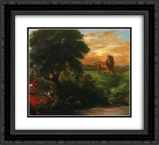 The Lion Hunt 22x20 Black Ornate Wood Framed Art Print Poster with Double Matting by Delacroix, Eugene