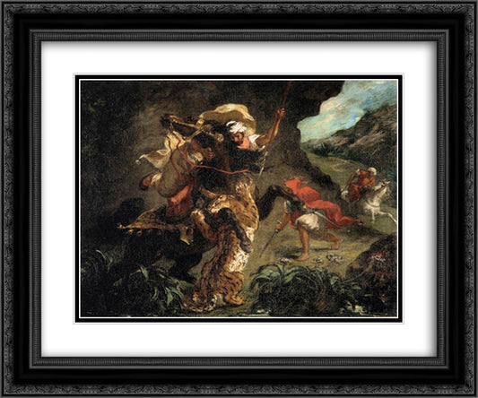 Tiger Hunt 24x20 Black Ornate Wood Framed Art Print Poster with Double Matting by Delacroix, Eugene