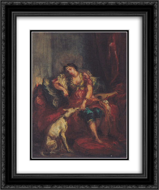 Woman from Algiers with Windhund 20x24 Black Ornate Wood Framed Art Print Poster with Double Matting by Delacroix, Eugene