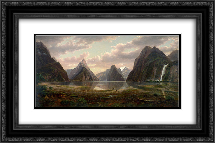 Milford Sound, New Zealand 24x16 Black Ornate Wood Framed Art Print Poster with Double Matting by von Guerard, Eugene